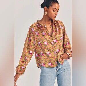 LoveShackFancy Manchester Floral Peasant Blouse in Ruby Goldmine, Size XS